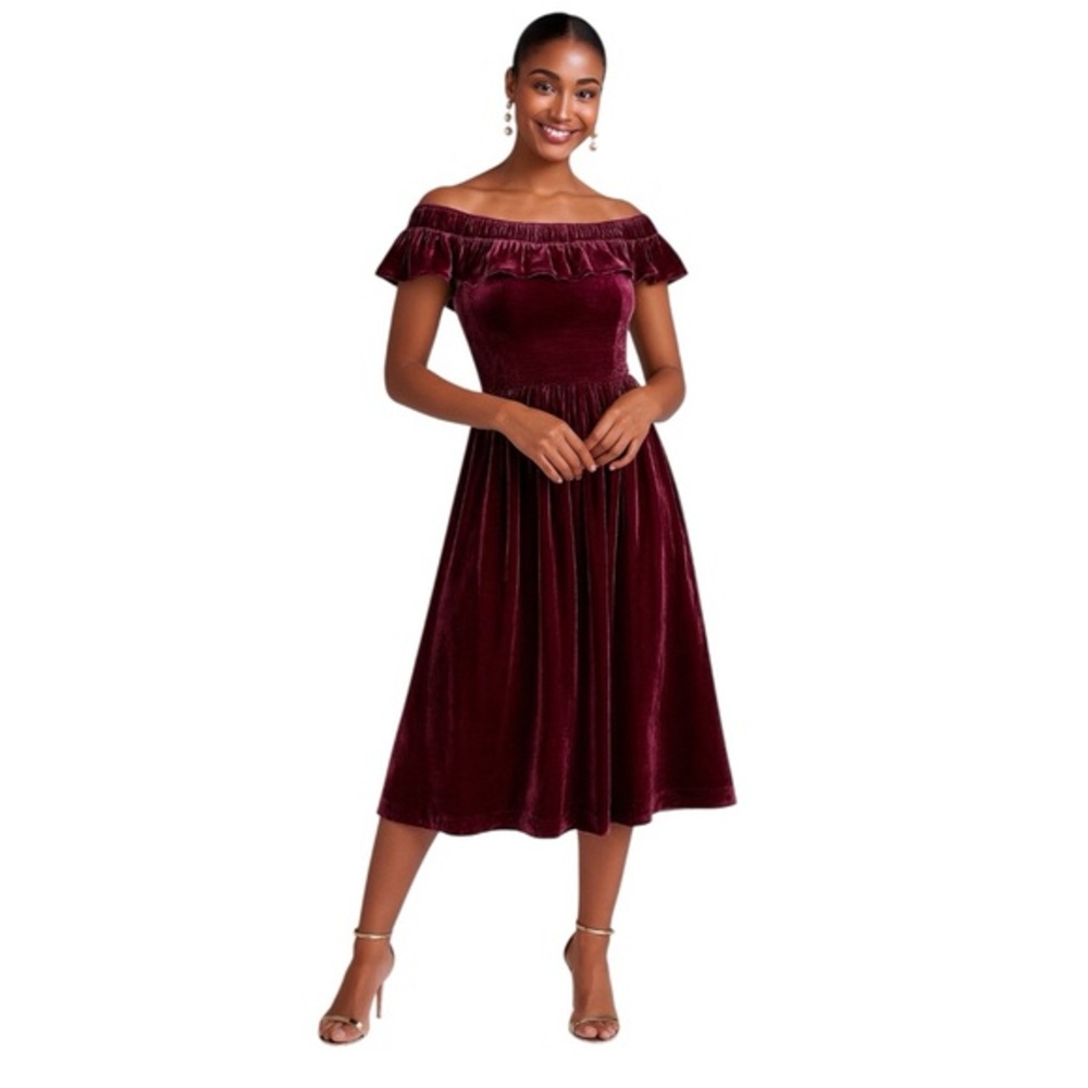 Hill House Akilah Off Shoulder Midi Dress Women’s Size Medium Burgundy‎ Velvet